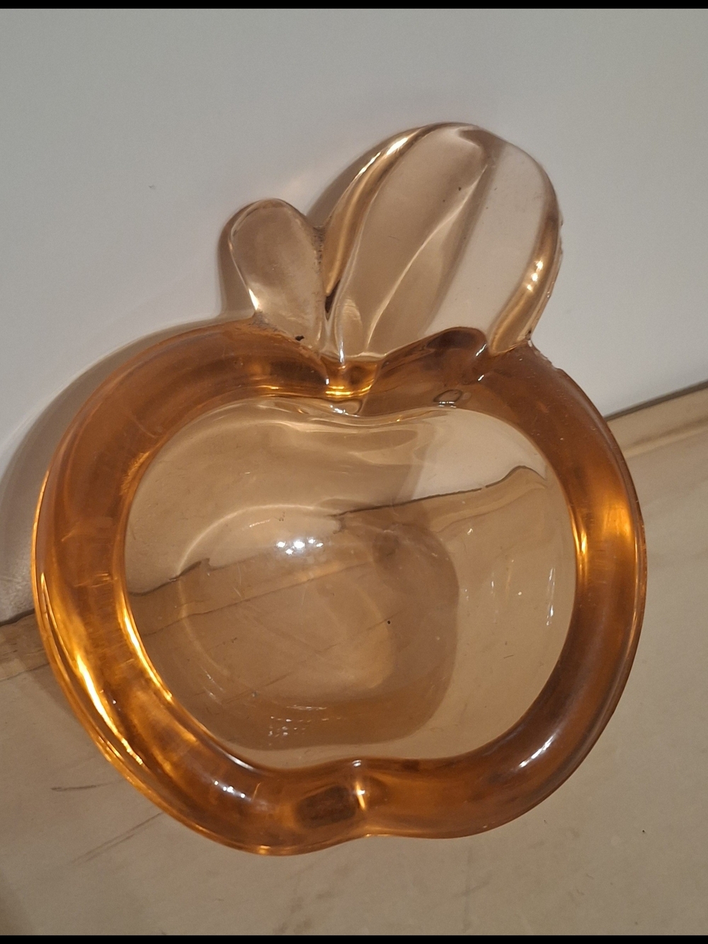 Vintage MCM Peach colored apple shaped glass ashtray/ trinket dish, French made